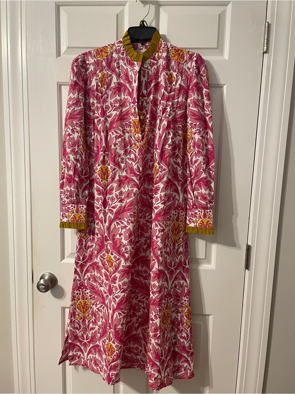 Women's Pink Floral Long Sleeve Midi Dress with Yellow Accents
